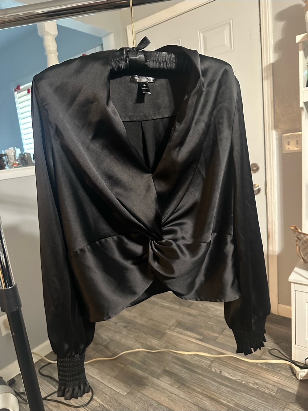Aqua Black Satin Twist-Front Long Sleeve Blouse